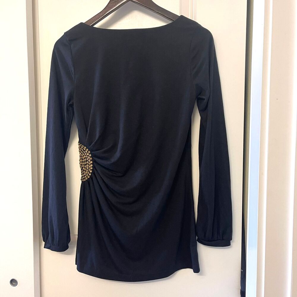 Ana Women's Chic Black Ruched Waist Tunic Top Gold Embellishment Blouse Size S - Picture 3 of 9